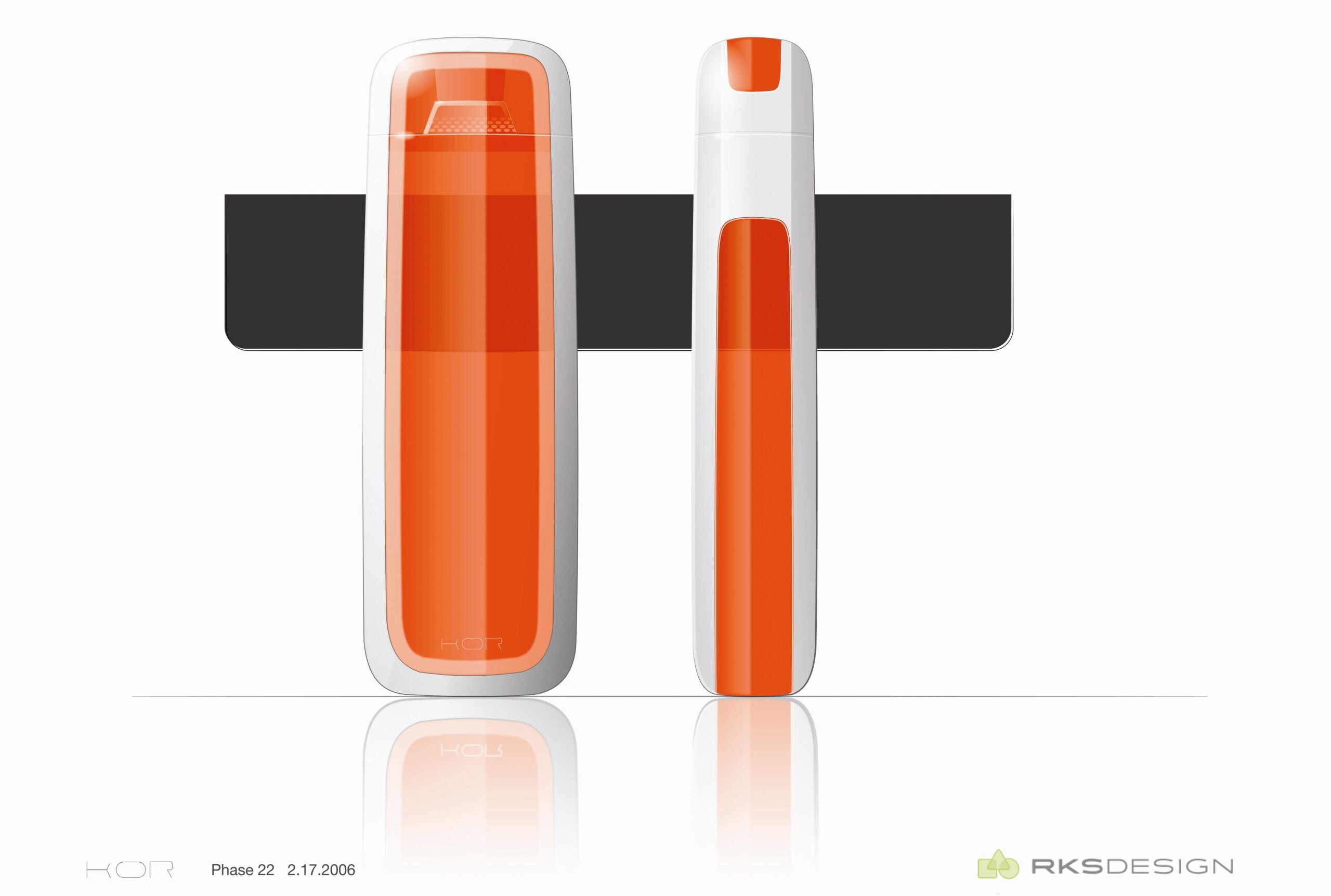 Two modern bottles with a sleek design, featuring a glossy orange and white color scheme, shown from the front and side on a white background with the RKS Design logo.