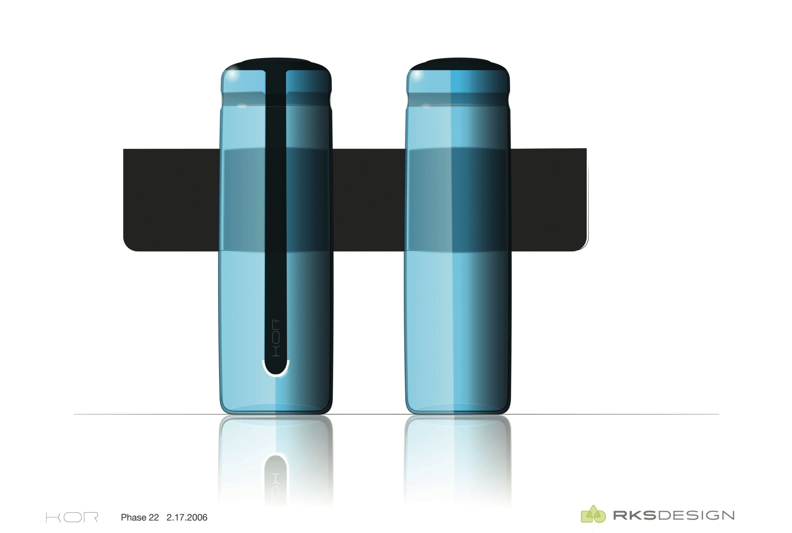 Two sleek, blue cylindrical bottles with rounded tops are placed side by side in front of a dark horizontal rectangle, with a modern, minimalist design style. KOR and RKS Design logos appear at the bottom.