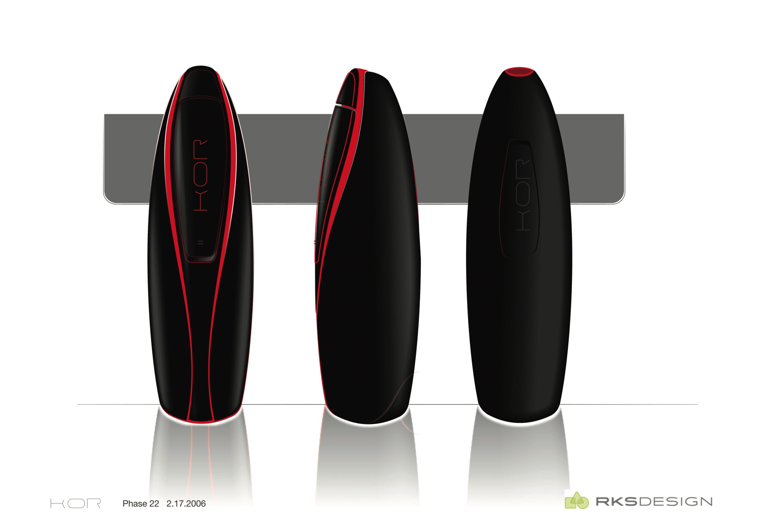 Three sleek, black, oval-shaped devices with red accents are shown from the front, side, and back views. Each device has a rectangular display with the word HOR on the front.