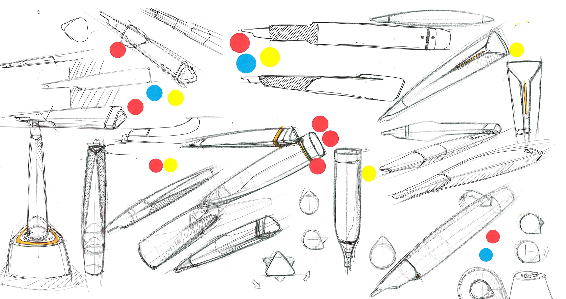 A collection of hand-drawn pen and marker sketches in various styles, enhanced by Perimetrics-inspired clusters of red, yellow, and blue circles and small geometric doodles scattered throughout on a white background.