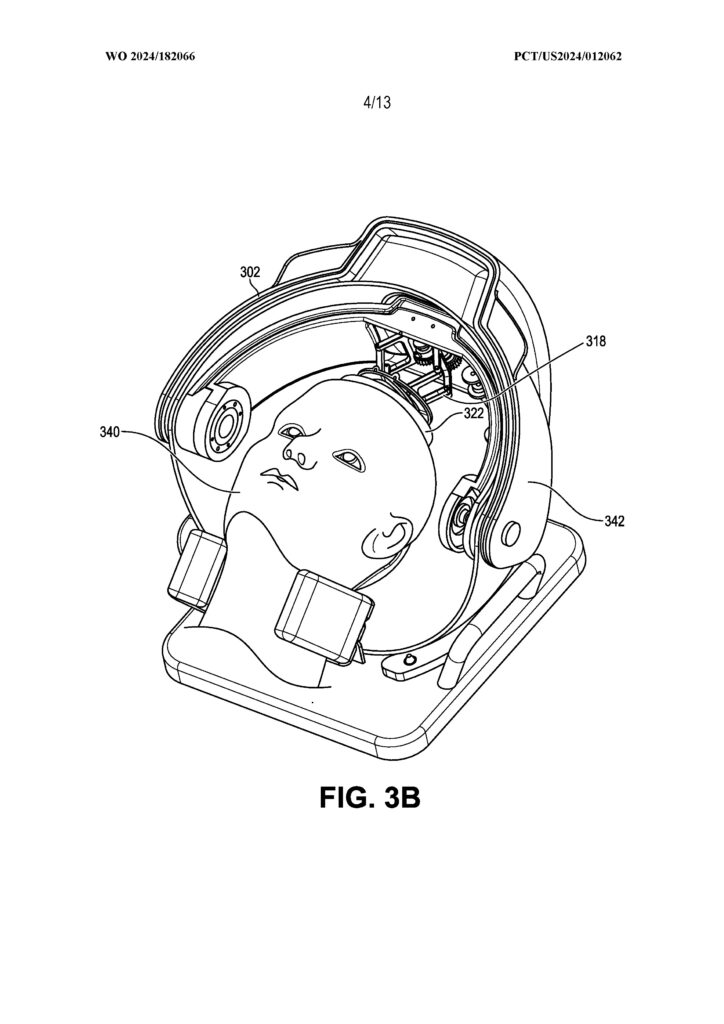 A technical drawing of a mannequin head secured in a support device with a hinged frame and labeled components, showing internal mechanisms above the head. The device is mounted on a base. Labeled as FIG. 3B.