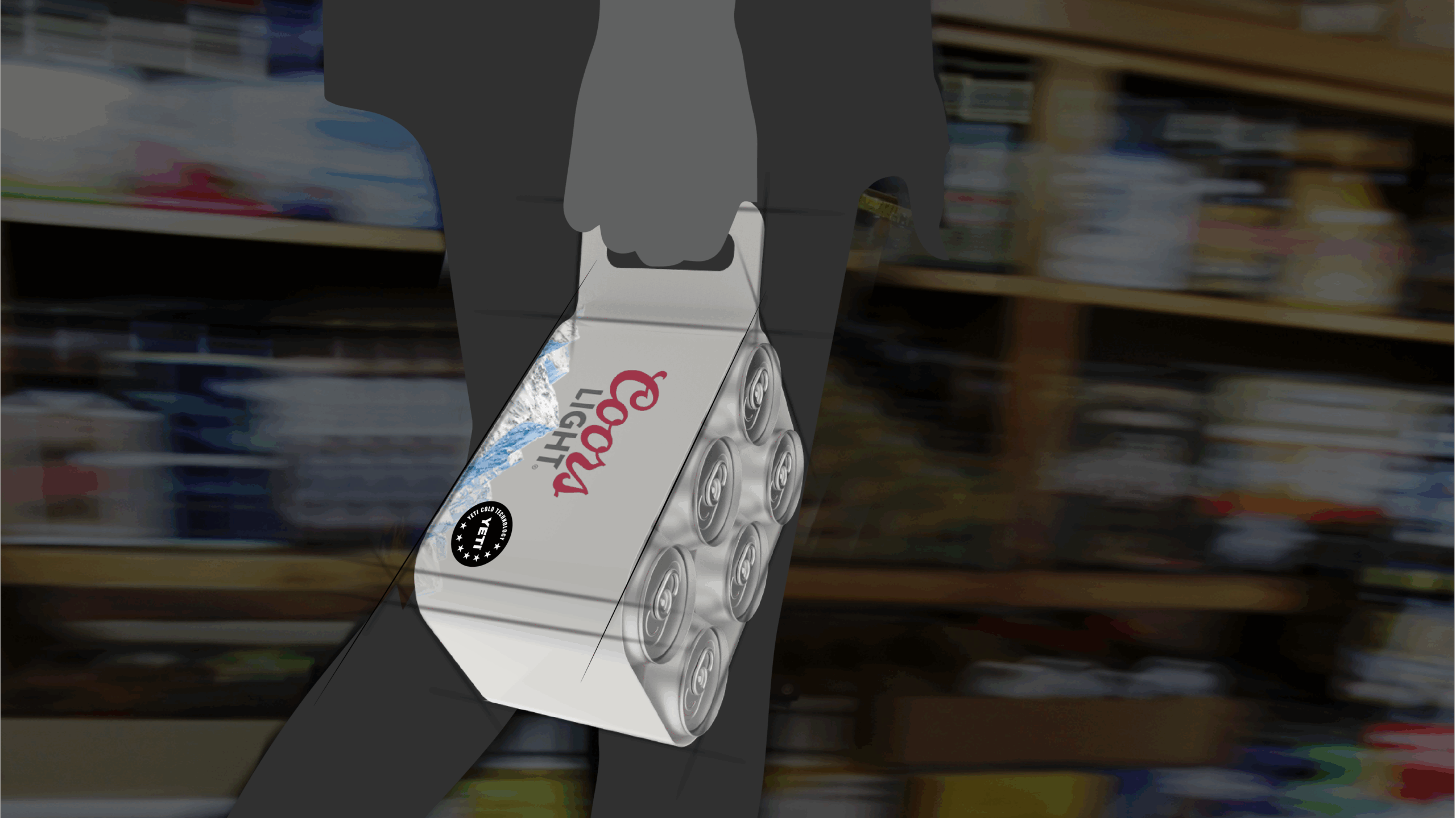 A person in grayscale holds a 12-pack of Coors Light beer cans in a store aisle with blurred shelves in the background.