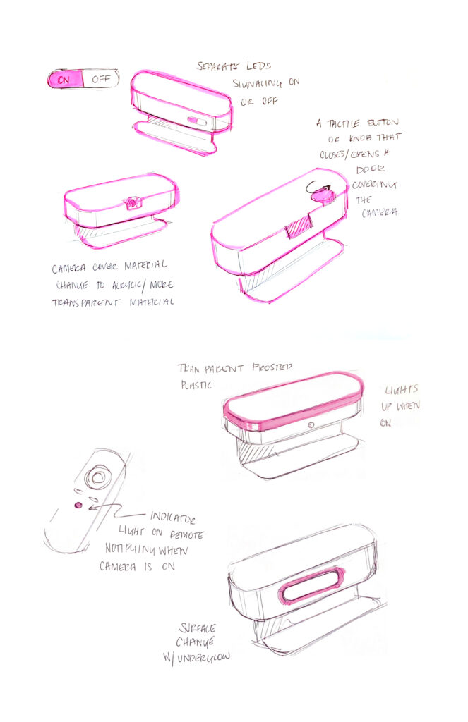 Hand-drawn sketches of a Xcinex webcam design, showing different angles and features like an on/off switch, indicator LEDs, a privacy cover, and transparent materials. Annotations explain each feature in handwritten text for Venue setups.