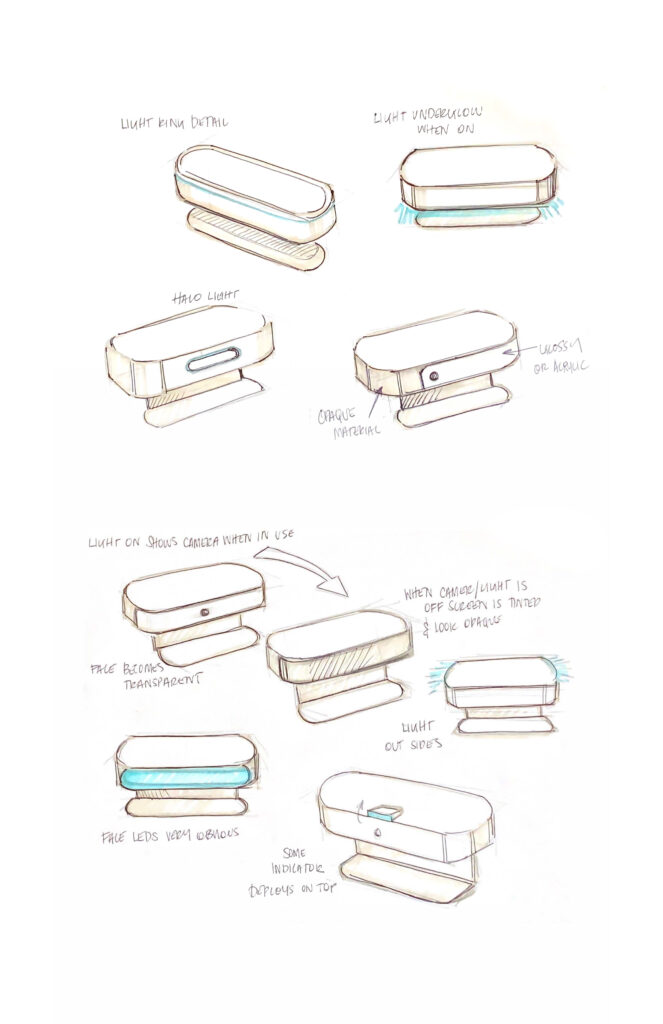 Hand-drawn sketches of a rectangular light device for Xcinex Venue show usage as a camera indicator light in a smart venue, detailing light placement, material options, and how the device sits on surfaces.