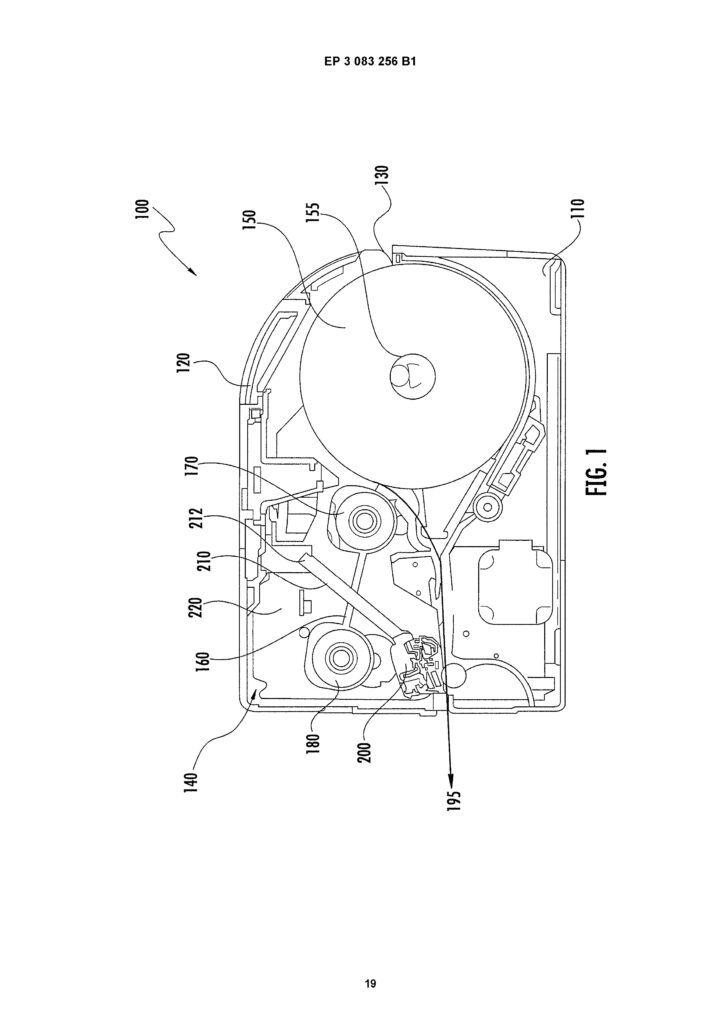 Technical line drawing of a cassette tape mechanism, showing internal components such as reels, gears, and various labeled parts, viewed from above. The image is labeled FIG. 1 and includes reference numbers for each part.