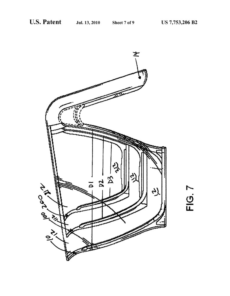 Patent diagram labeled FIG. 7 showing a cross-sectional view of a curved, layered structure, reflecting smart design. The drawing features lines, angles, and labels indicating measurements and parts, much like detailed illustrations for Zyliss Swiss kitchen tools.