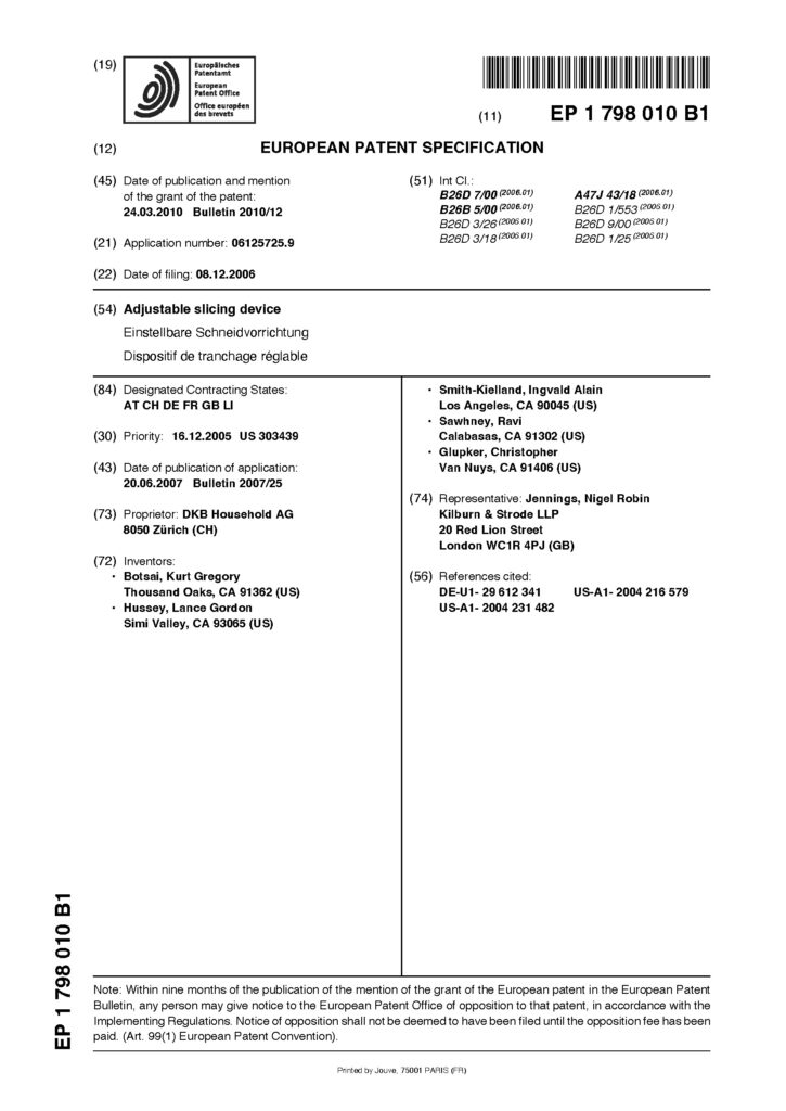 European Patent Specification for an adjustable slicing device by Swiss kitchen tools brand Zyliss. Lists inventors, applicant, publication info, classification codes, citations, and legal notice, all in a structured layout with text boxes and reference numbers.