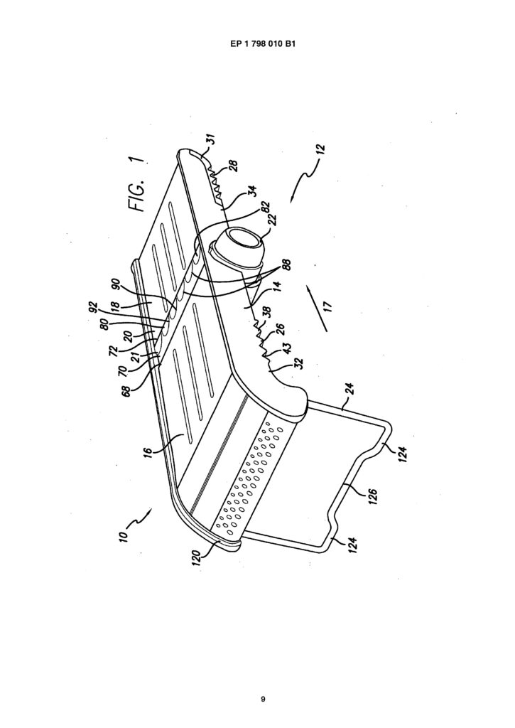 A technical drawing of a contoured vehicle floor mat with raised edges, a textured central area, perforated section, and various labeled parts—including a circular opening near the top—reflects precision often seen in Swiss kitchen tools like those from Zyliss.