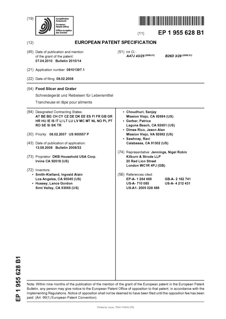 European patent specification for a food slicer and grater, featuring details, inventor names, technical codes, and references. Highlights Swiss kitchen tools like Zyliss for smart, simple solutions on an official white page with black text.