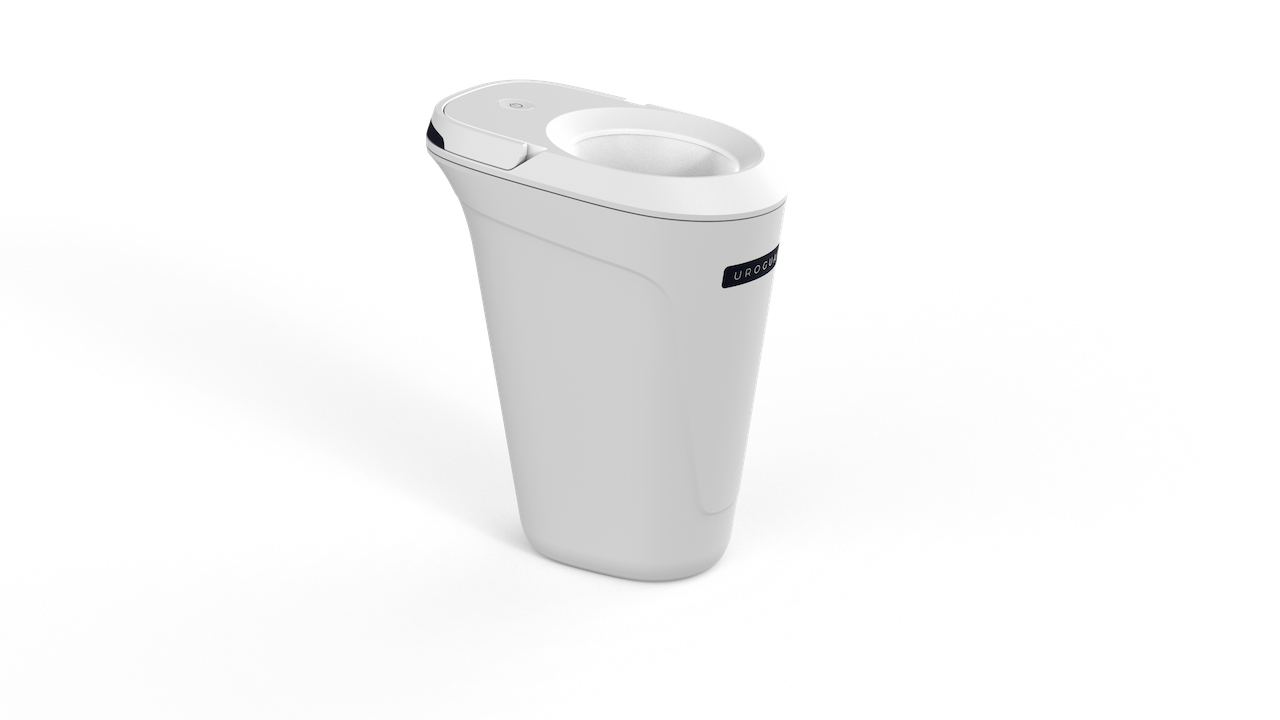 A modern, sleek, white touchless trash can with a curved top and an automatic sensor, standing on a plain white background.
