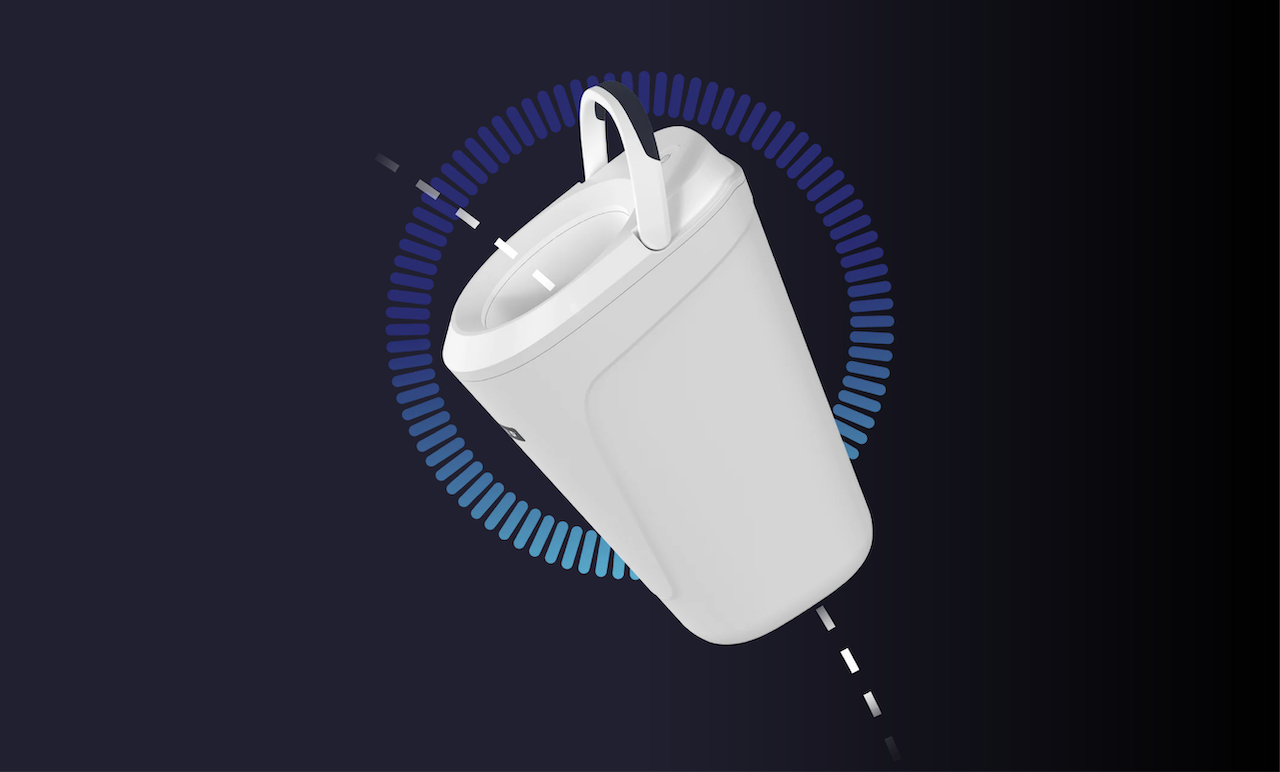 A modern, white, cylindrical Uroguard device with a handle floats in front of a circular blue gradient graphic on a dark background, showcasing Flo Sciences innovation.
