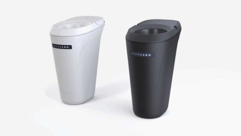 Two modern, cylindrical containers with UROGUARD labels, one in white and one in black, standing upright on a plain white background.
