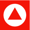 The RKS Design logo. A red upward-pointing triangle is centered inside a white circle on a red square background.