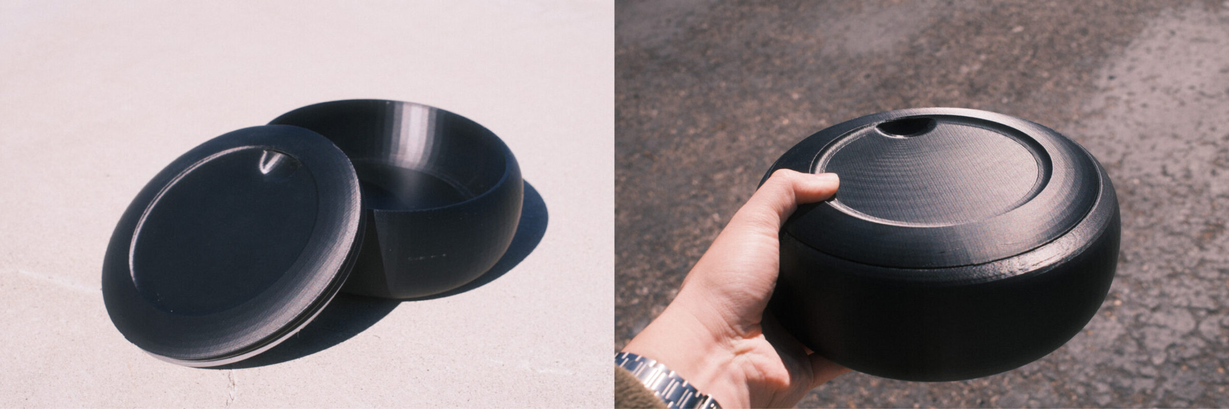 Two photos: Left, a matte black round container with its lid partially open on a light surface. Right, a hand holding the closed container outdoors on textured ground.