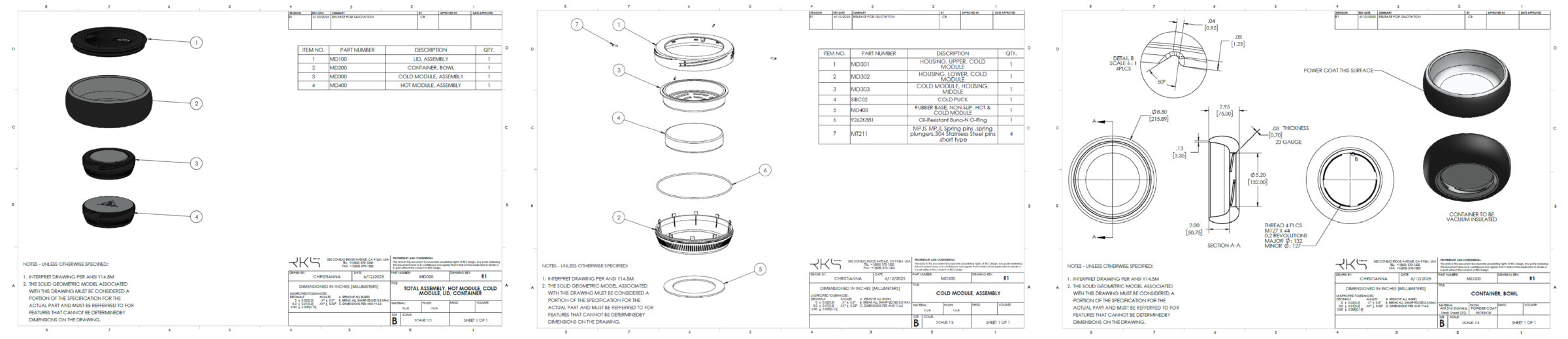 Three technical drawings showing exploded and assembled views of a round container with a lid and mesh insert, featuring detailed part lists, dimensions, material notes, and assembly instructions.