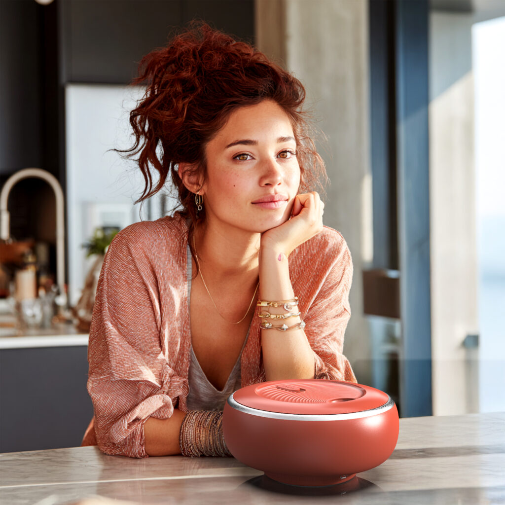 A woman with curly hair and bracelets leans on a kitchen counter, smiling thoughtfully. In front of her is a modern, red, round electronic device with a lid, possibly a kitchen gadget, in a bright, contemporary kitchen.