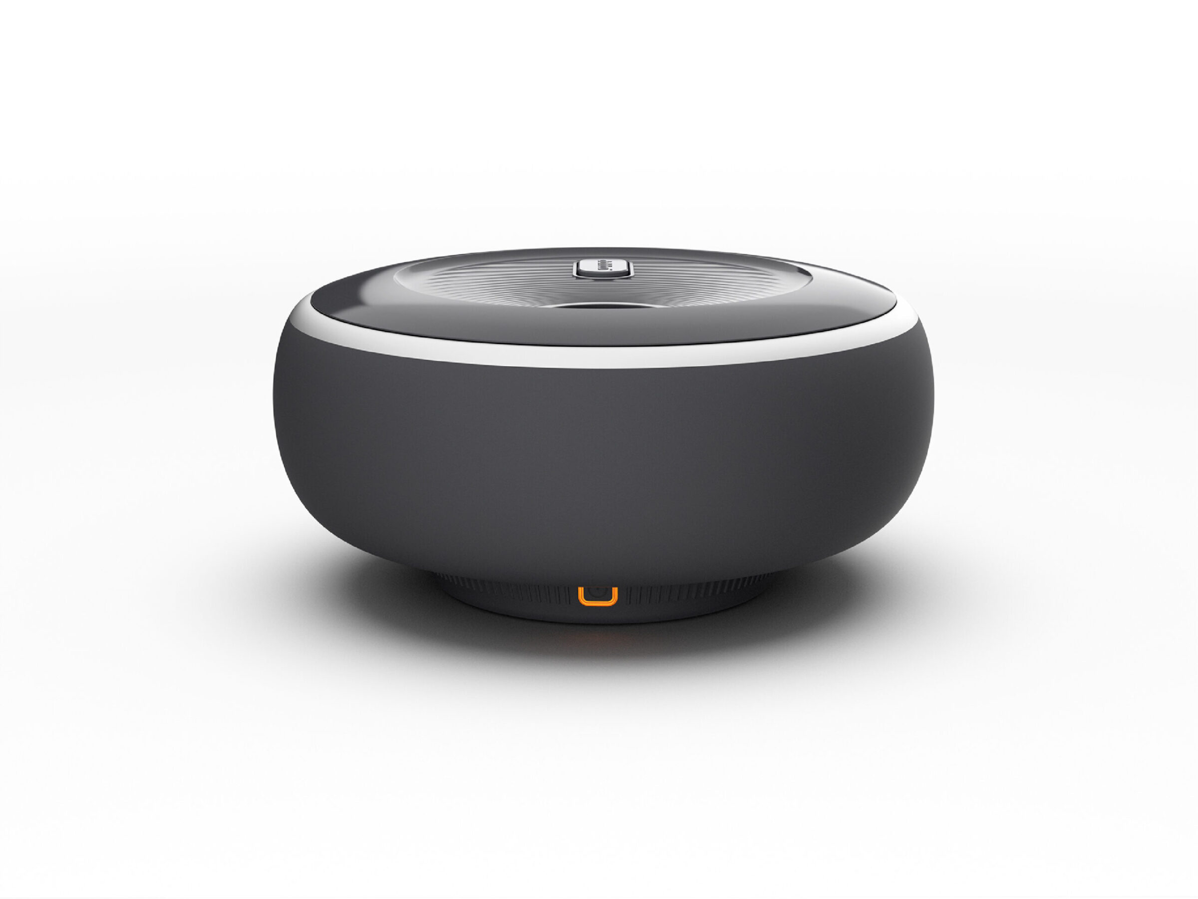 A sleek, modern black and silver electronic device with a rounded, bowl-like shape and a small orange indicator light on the front, set against a plain white background.