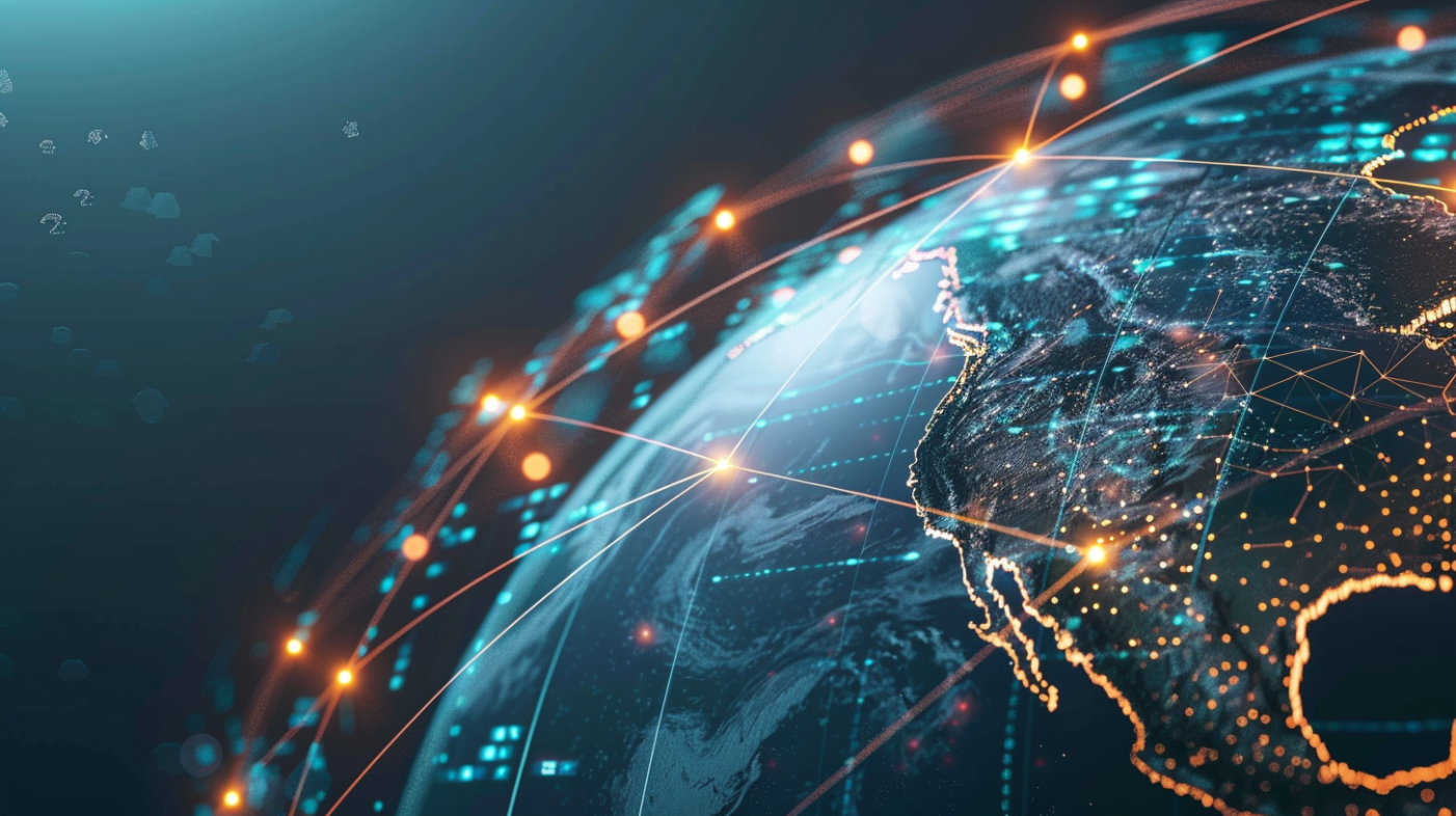 A digital illustration of Earth focusing on North America, with glowing lines, dots, and data patterns representing global digital connectivity and communication networks, inspired by the tech insights shared during LA Tech Week 2025.