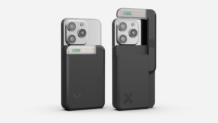 Two smartphones in black rectangular cases, each with a protruding section labeled LYNX, partially covering the camera area. One case is closed, and the other is shown with the cover slid open.