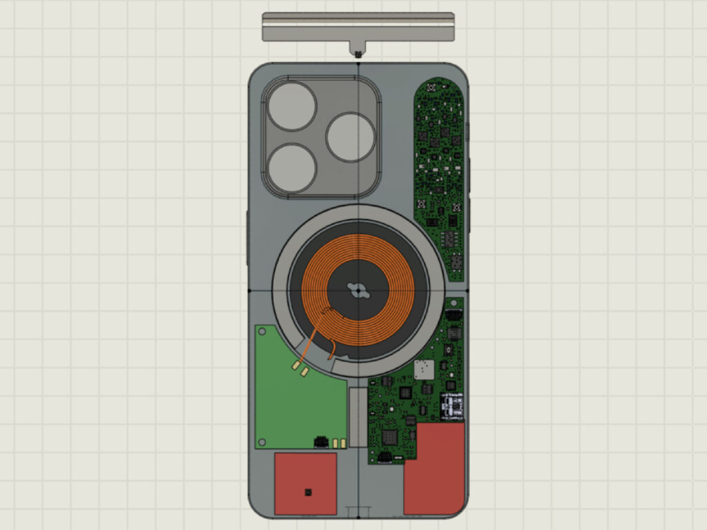 A top-down diagram of a smartphone’s internal components, showing a large circular wireless charging coil, camera modules, circuit boards, and various electronic parts arranged within the phones rectangular frame.
