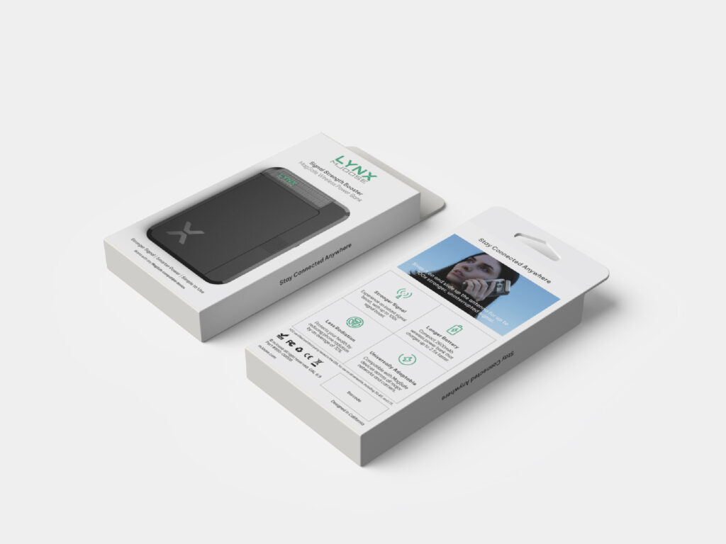 Two boxes of LYNX Smart Wallets are shown, one facing forward displaying the wallet, and the other showing the back with features, benefits, and an image of a person holding the wallet. The background is white.