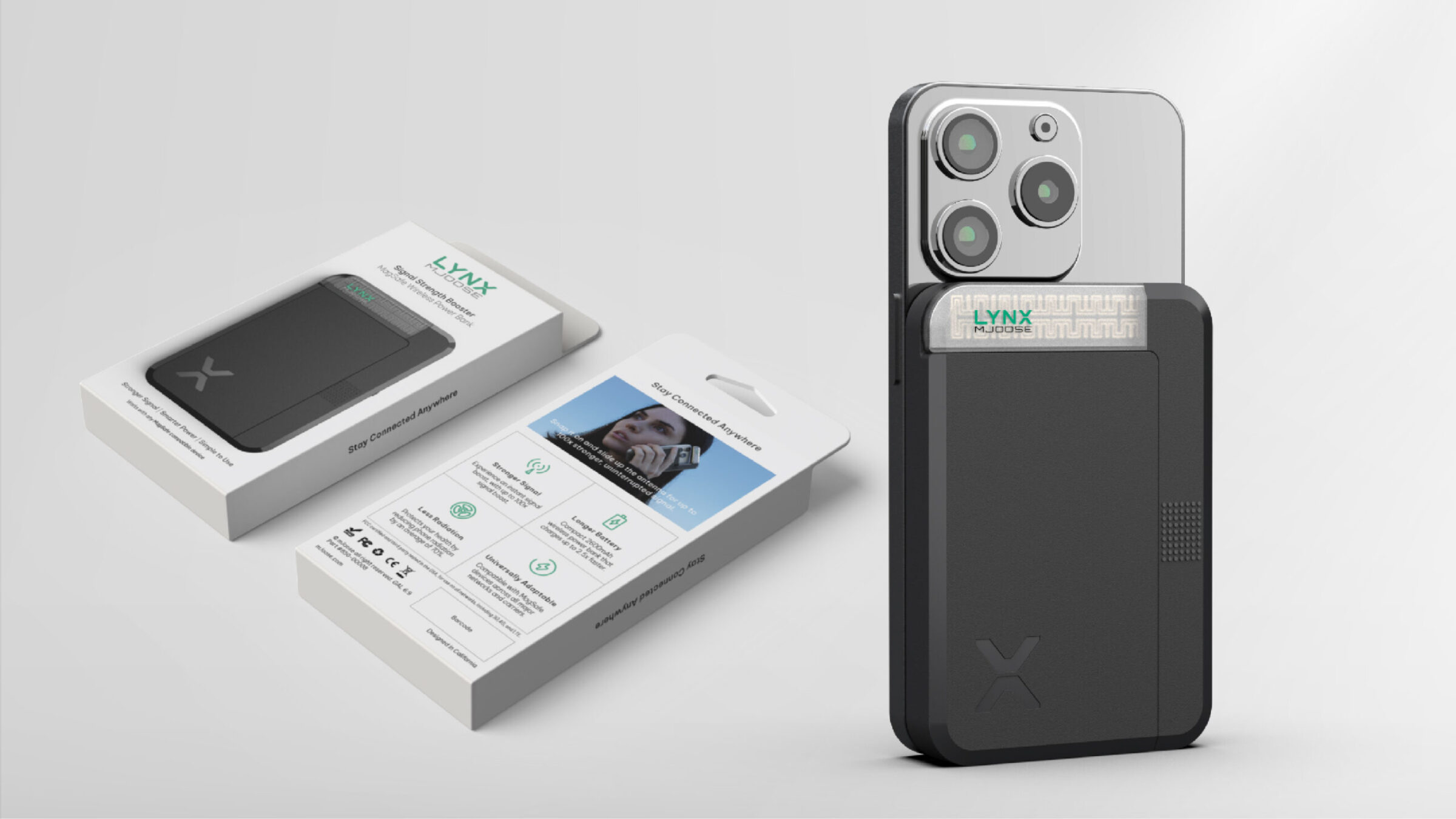 A black smartphone case with a card slot is shown on a phone, next to its branded packaging labeled LYNX. The packaging displays product features and an image of a person using a phone.