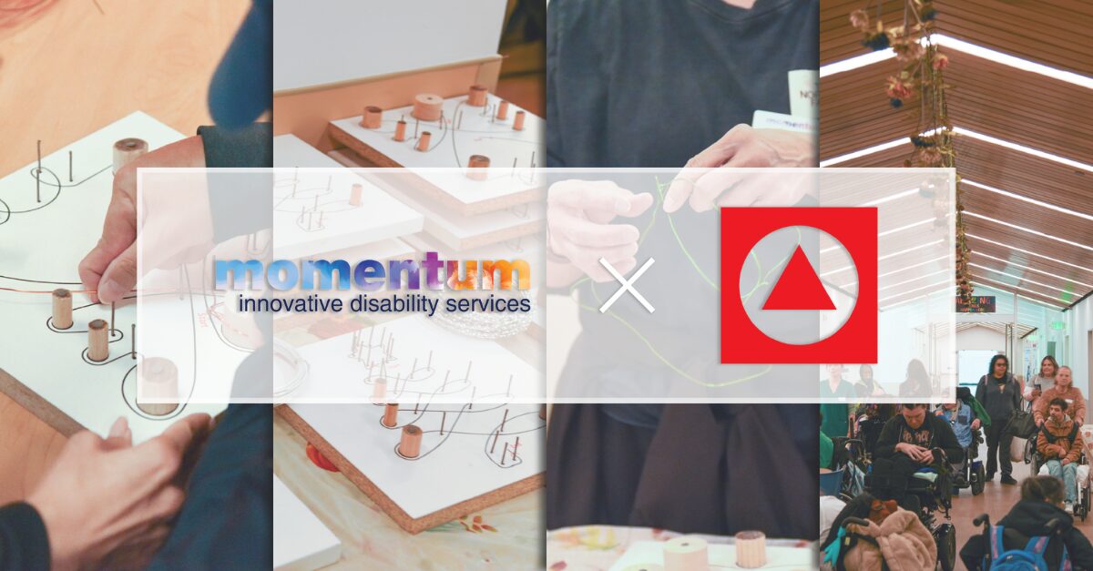 A collage shows people working on tactile art projects at the Holiday Ornament Workshop and a busy indoor event. In the center are the Momentum Innovative Disability Services logo and a red triangle in a circle, separated by an “x” symbol.