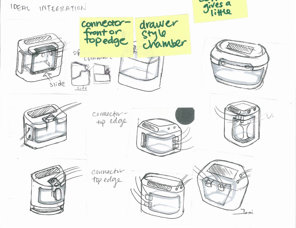 A page of hand-drawn design sketches for a device, featuring various box-like forms with drawers and connectors. Sticky notes on top read, connector-front or top edge and drawer style chamber.