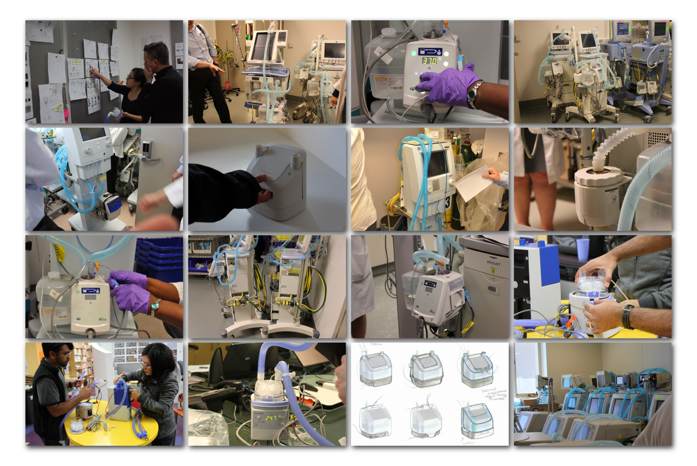 A collage of photos shows people assembling, adjusting, and testing medical ventilators and related equipment in a clinical setting, along with labeled ventilator diagrams and prototypes on desks.