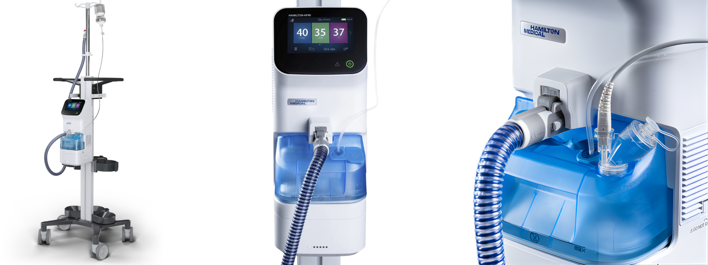 A medical ventilator machine on wheels with a digital display, blue humidifier chamber, tubing, and connectors; shown in full view, close-up of the display, and a detailed view of the tubing connection.