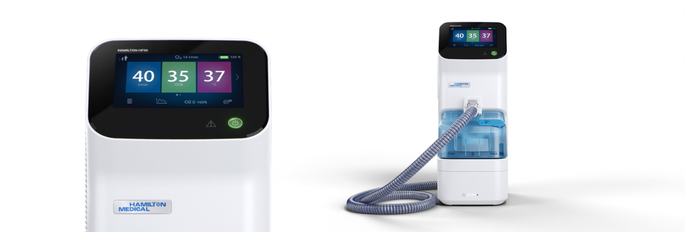A medical ventilator by Hamilton Medical with a display screen showing respiratory values, a hose, and a water chamber, photographed against a plain white background.