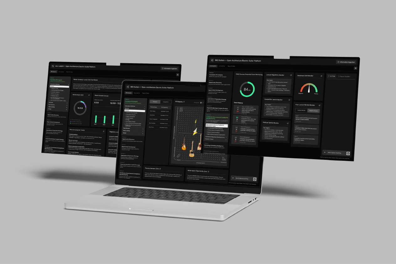 Three laptop screens display dark-themed dashboards with graphs, charts, and system…