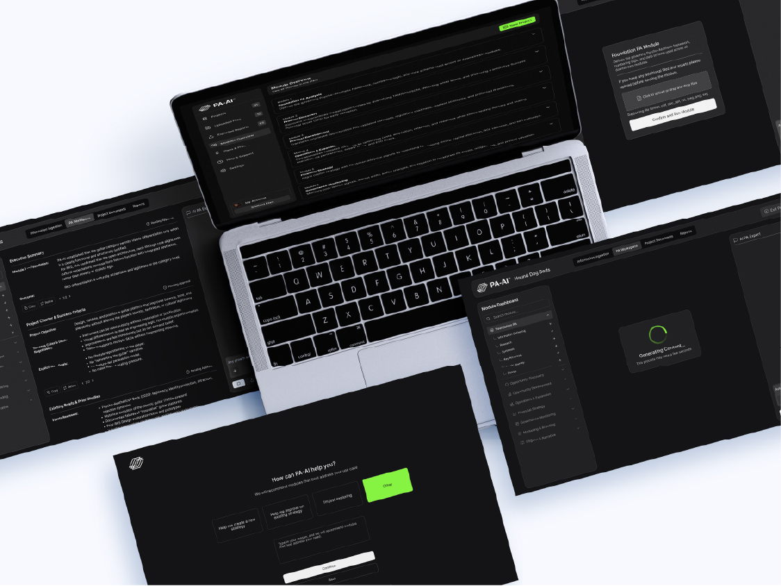 A top-down view of a laptop and multiple floating dark-themed UI screens showing…