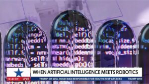 Glowing code lines are reflected on metallic capsules with the headline “When Artificial Intelligence Meets Robotics” overlayed at the bottom. News ticker and time are visible below.
