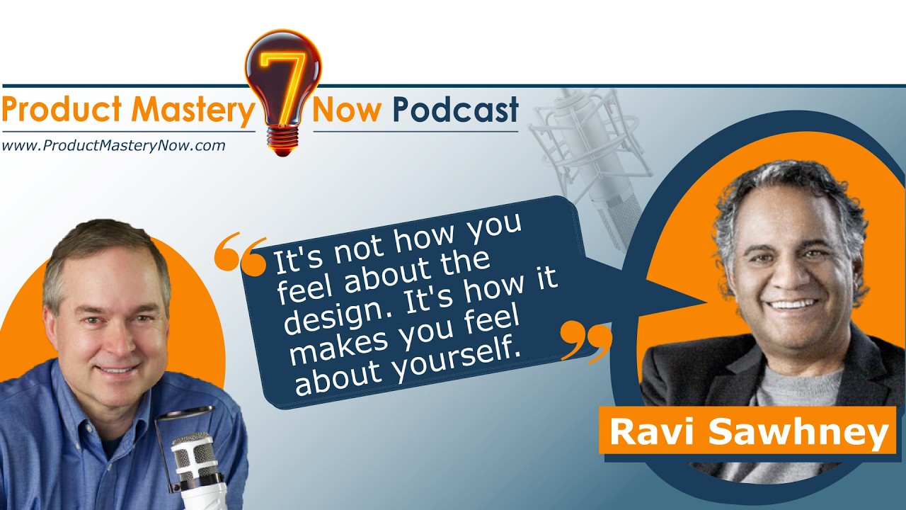 Two men on a podcast promo; left man in blue shirt with microphone, right man smiling in gray jacket. Quote: “It’s not how you feel about the design. It’s how it makes you feel about yourself.”.
