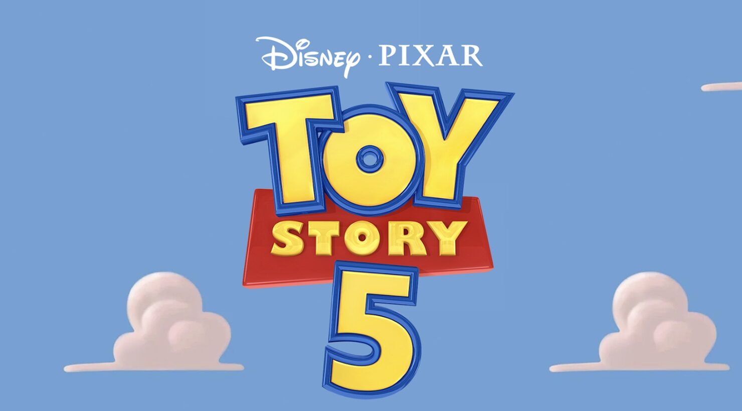 The image shows the “Toy Story 5” movie logo in bright colors against a blue sky background with clouds, and “Disney Pixar” written above it.