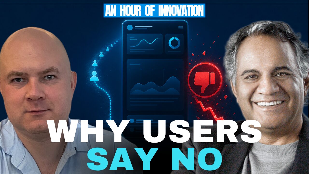 Two men are pictured on each side of a graphic with charts and a thumbs-down icon. Text reads: WHY USERS SAY NO and AN HOUR OF INNOVATION at the top, setting the stage for a dynamic discussion about the future of AI. The background is dark blue with tech-themed graphics, emphasizing the evolving landscape of technology.
